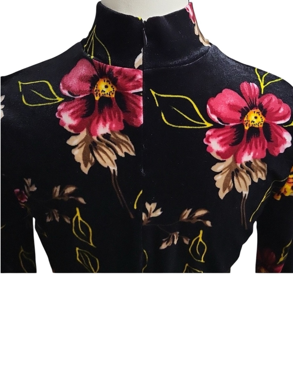Venus Sz SM Black Velvet Bodycon Midi Dress Long Sleeve Mock Neck Floral Y2K - Picture 14 of 16